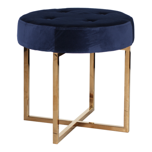 Navy Blue Velvet Round Stool with Gold Base